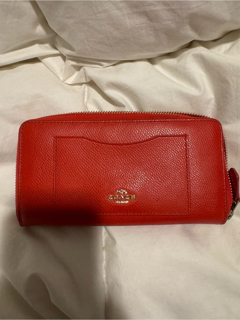 Coach Red Pebbled Leather Zip Wallet with Gold Logo